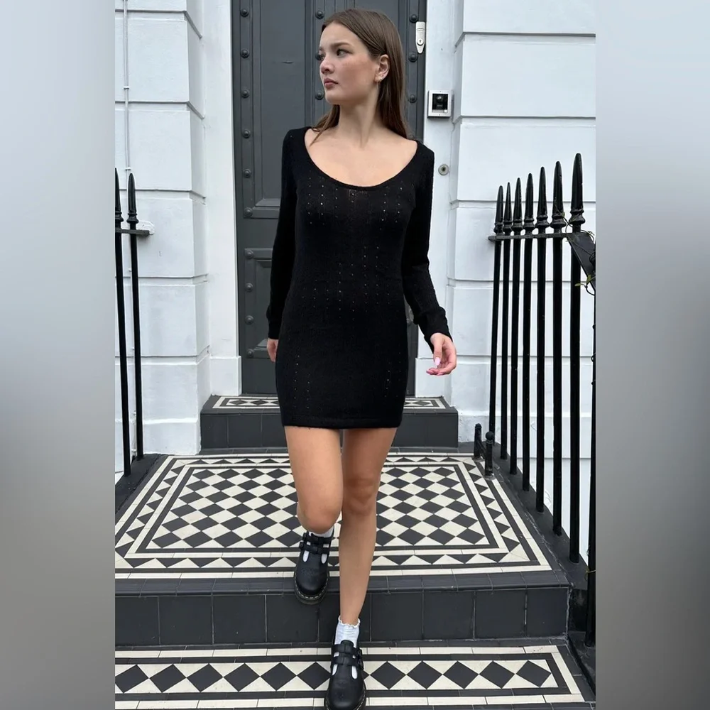 black white striped sweater dress Striped O-ring Zip Collared Loose Sweater Mini Dress Black / S main image 0